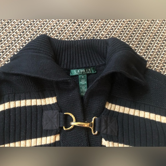 Lauren Ralph Lauren Black &Metallic Gold Striped Collared Latch Thick Knit Swtr - Picture 5 of 12